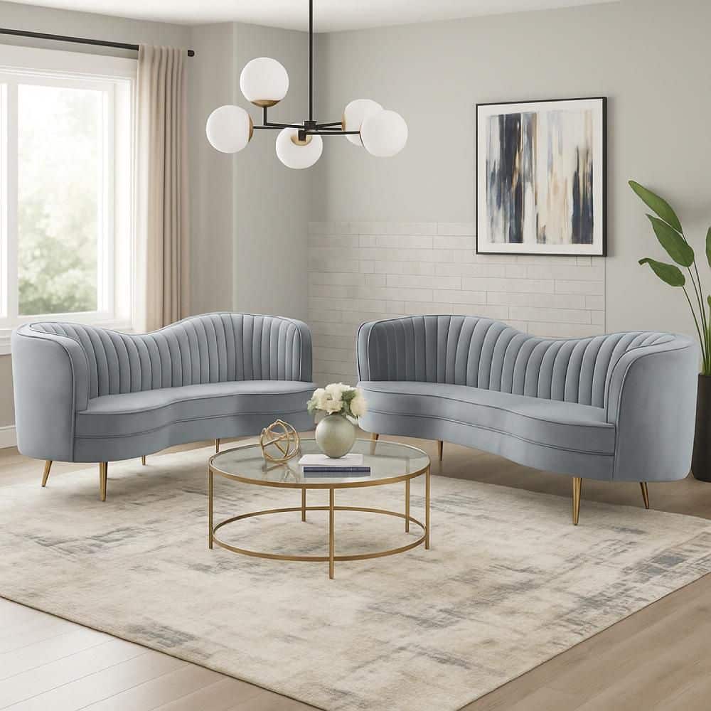 Onizbar 【Luxury】 Benjara Enzo 2-Piece Gray Channel Tufted Velvet Living Room Set