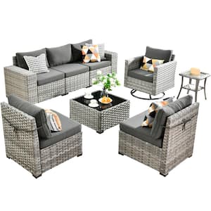 Tahoe Grey 8-Piece Wicker Wide Arm Outdoor Patio Conversation Sofa Set with a Swivel Rocking Chair and Black Cushions