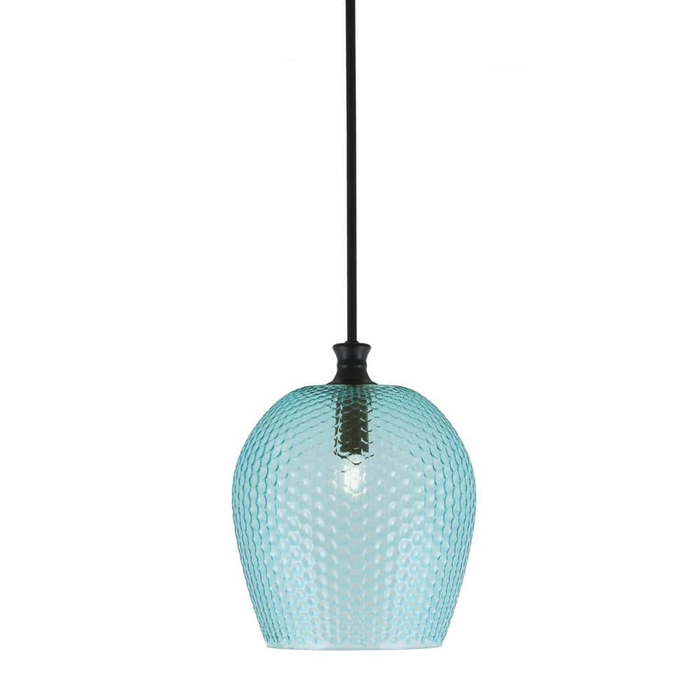 Tyler 60-Watt 1-Light Matte Black Stem Mini Pendant Light with Turquoise Te