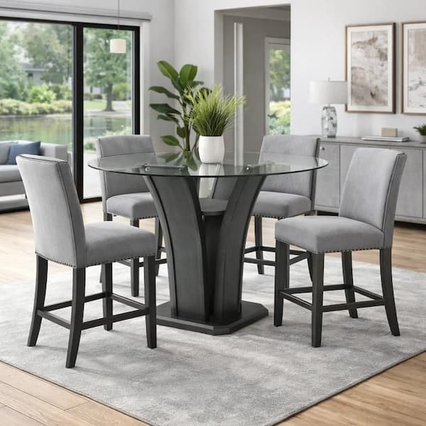 Brandon Modern Glam Dark Gray Glass Top 54 in. Pedestal Base Counter Height Dining Table Seats 4