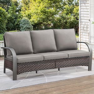 TwilightZone Brwon Wicker Patio Sofa 3-Seater Seactional Outdoor Couch with Thick Deep CushionGuard Gray Cushions