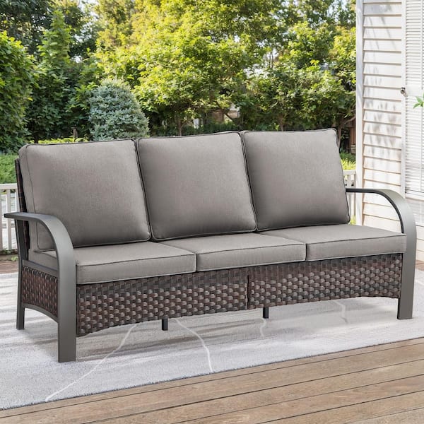 Gymojoy TwilightZone Brwon Wicker Patio Sofa 3-Seater Seactional Outdoor Couch with Thick Deep CushionGuard Gray Cushions