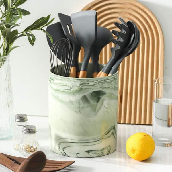 7.2 in. Marble Green Large Utensil Holder, Marble Utensil Crock Spatula Holder for Countertop Cooking Tools Storage