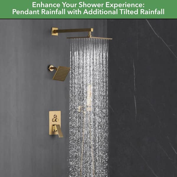 Luxury Single Handle 2-Spray Shower Faucet 1.8 GPM with 10 in. Rainfall and Pressure Balance Valve in Brushed Gold