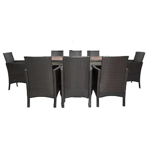 Brown 9-Piece Wicker Outdoor Dining Set with Creme Cushion and Acacia Wood Top