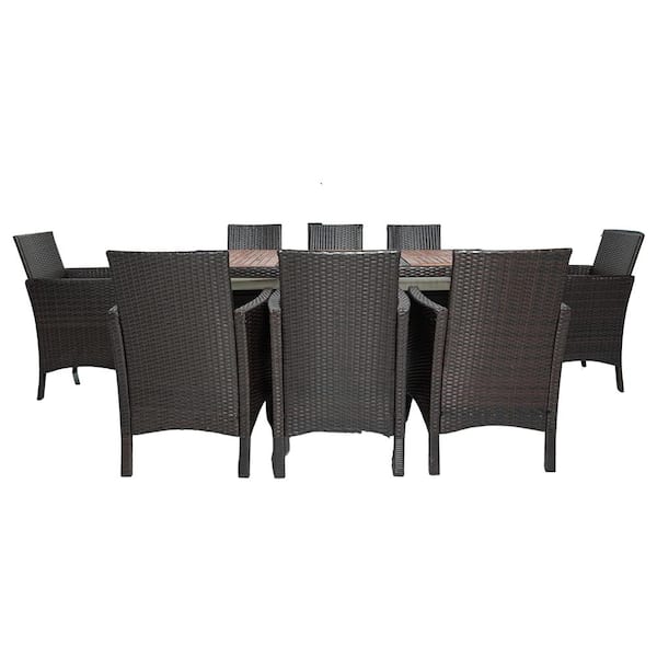 Nestfair Brown 9-Piece Wicker Outdoor Dining Set with Creme Cushion and Acacia Wood Top