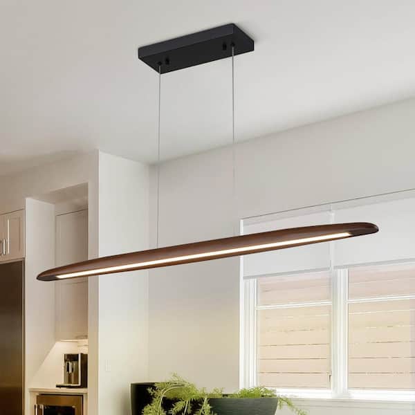 HUOKU Timber 39.4 in.W 1-Light Integrated LED Black and Hickory Pendant Light Linear Chandelier Wood Kitchen Island Lighting
