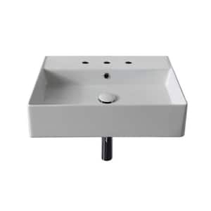 Teorema Wall Mounted Vessel Bathroom Sink in White with 3 Faucet Holes