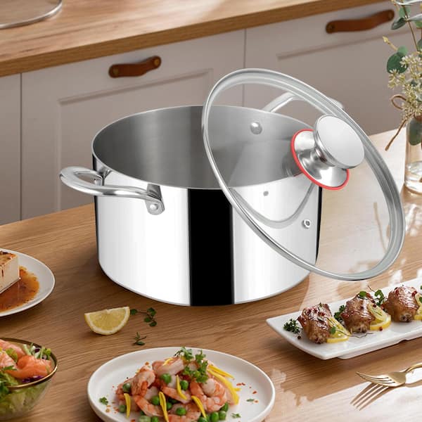 6 qt. Stainless Steel Stock Pot with Lid, 6 qt. Tri-Ply Cooking Pot for Induction Gas Electric Stove, Dishwasher Safe