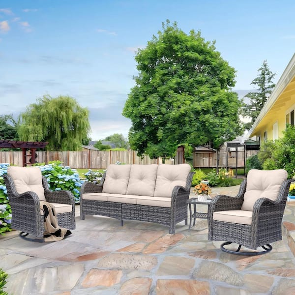 Gray 4 Piece Wicker Outdoor Conversation Set Patio Sofa Swivel Rocking Chairs with Side Table and Beige Cushions
