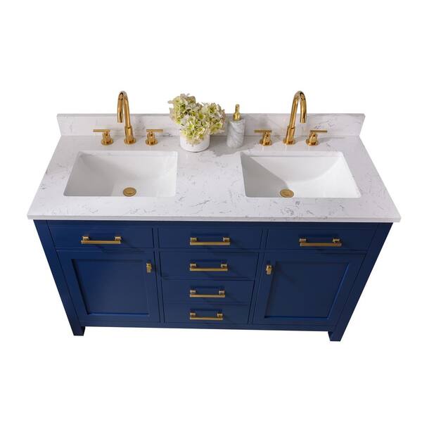 Jasper 54 In W X 22 In D Bath Vanity In Navy Blue With Engineered Stone Vanity Top In Carrara White With White Basin Jasper 54nb D The Home Depot