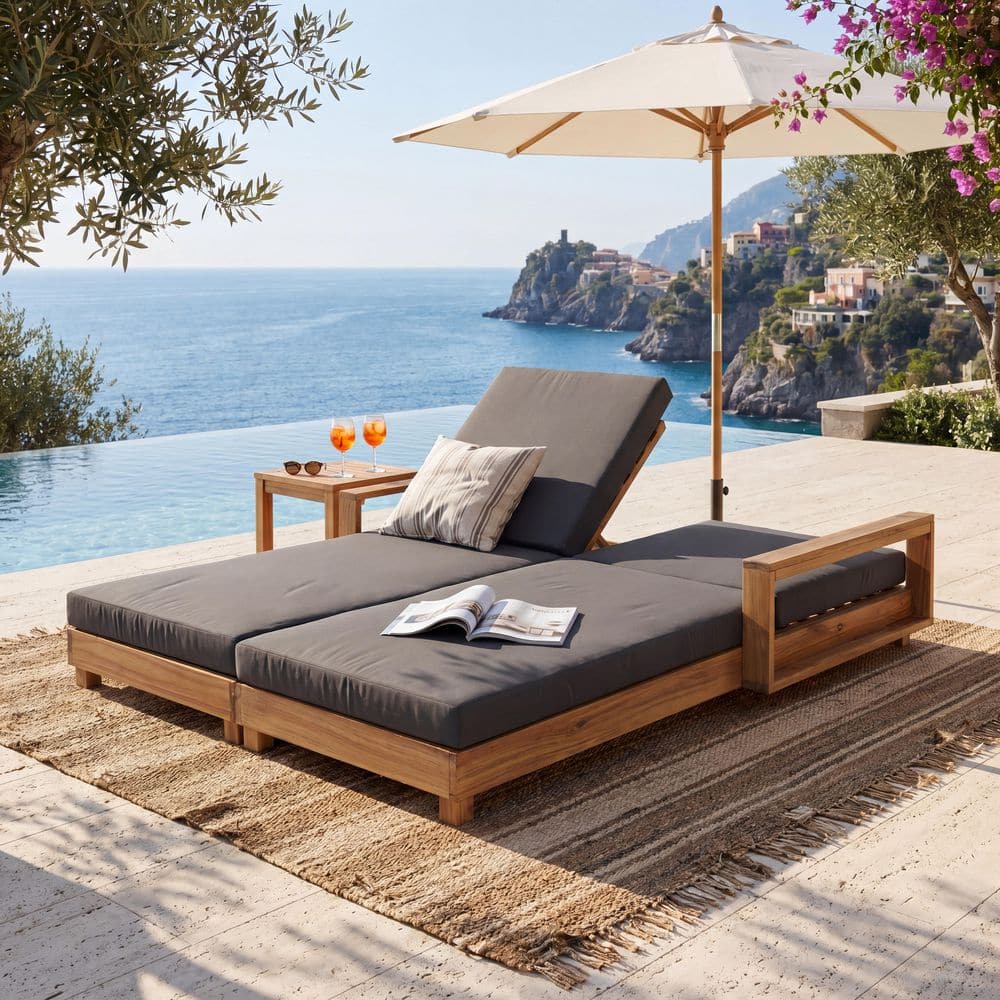 Caleb Natural Finish Wood Adjustable Patio Outdoor Double Chaise Lounge with 2-Fold Dark Grey Cushions