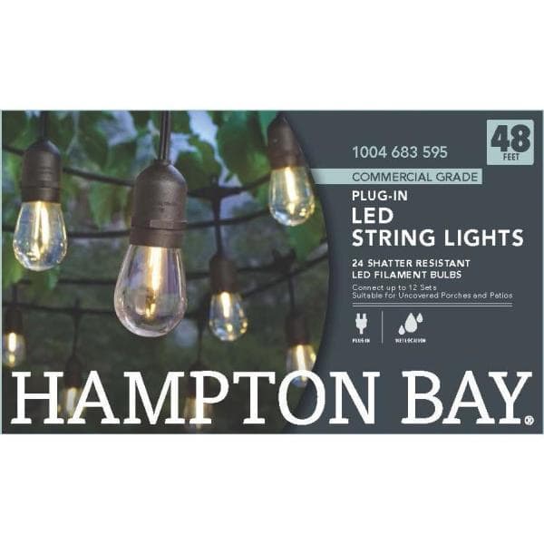 Hampton Bay 24-Light 48 ft. Indoor/Outdoor String Light S14 Single Filament LED Bulbs 10328 Home Depot