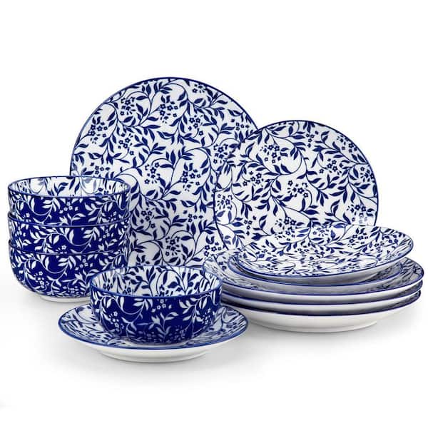 12-Piece Blue Porcelain Dinnerware Set Service for 4 Vine Flower Pattern Bowls and Plates Set for Kitchen Dinning