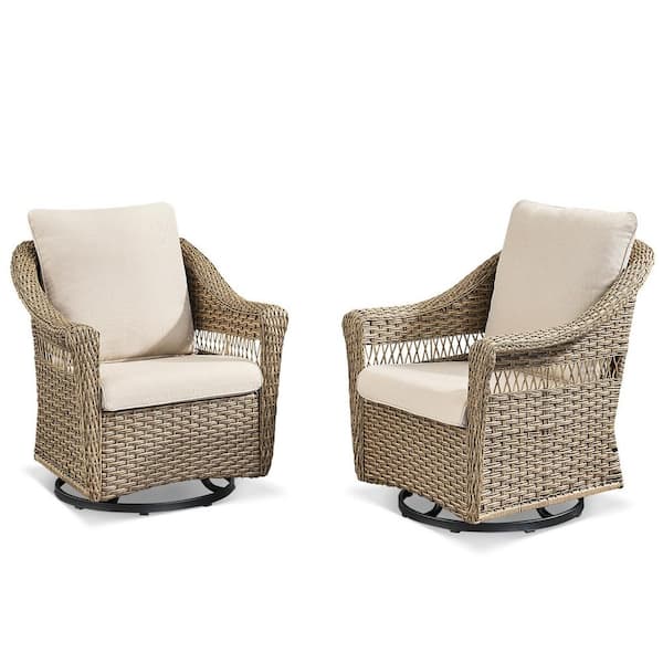 Yellow Swivel Wicker Outdoor Rocking Chair with Glider, Patio Rocker Chairs with Beige Cushions (2-Pack)