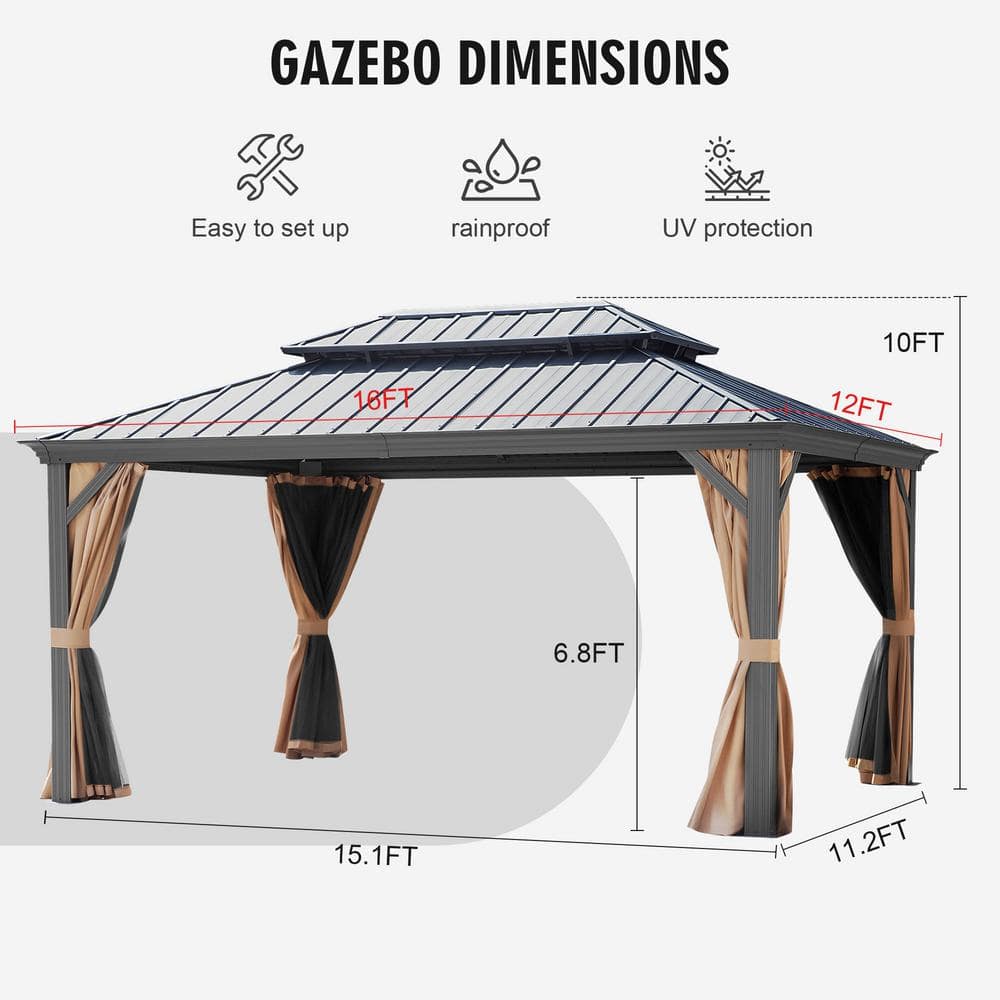 Gray 12x16ft Hardtop Gazebo with Nettings and Curtains