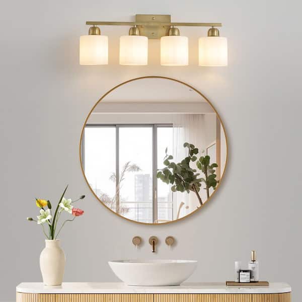 25 in. W 4-Light Gold Vanity Light with Frosted Glass Shades, Up/Down Mount for Mirror, Hallway (NO Bulb Included)