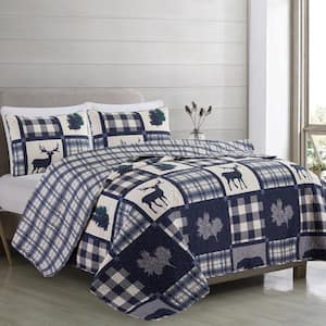 Navy/Grey Twin Lodge Patchwork 2-Piece Microfiber Quilt Set Bedspread