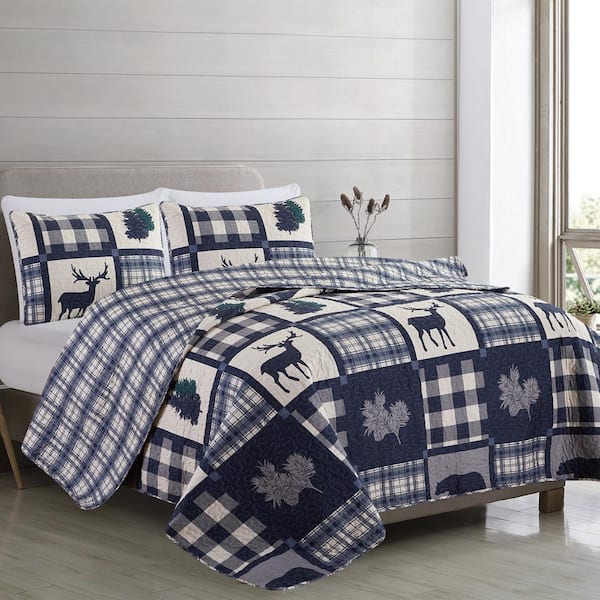 FRESHFOLDS Navy/Grey Twin Lodge Patchwork 2-Piece Microfiber Quilt Set Bedspread