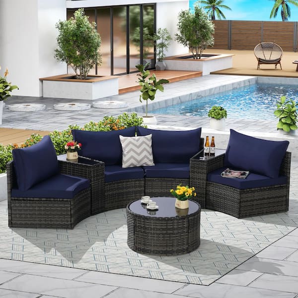 7-Pieces Metal Outdoor Half-Moon Sectional Round Patio Furniture Set Sofa with Dark Blue Cushions