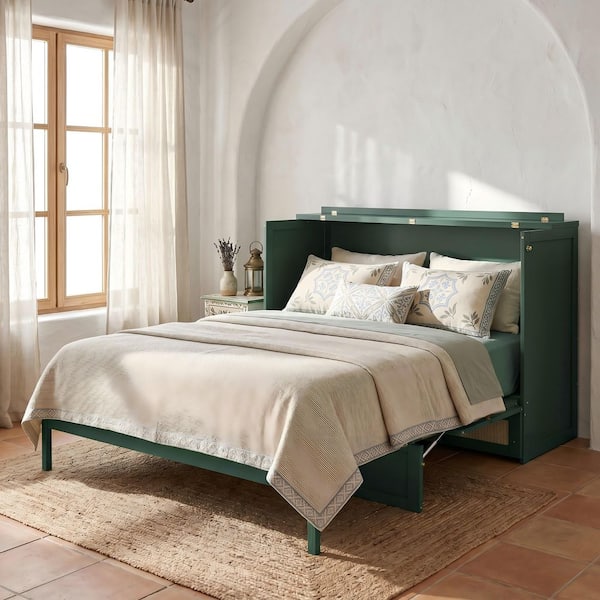 Green MDF Wood Frame Queen Murphy Bed with Large Drawers