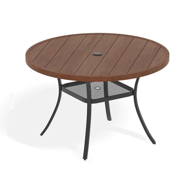 Brown Round Metal Outdoor Dining Table with Umbrella Hole and Storage Shelf for 6 People
