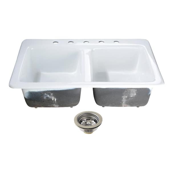 Petra Galley 33 in. Drop-In 50/50 Double Bowl Cast Iron Kitchen Sink with Basket Strainer