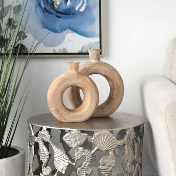 Litton Lane Brown Circular Wood Decorative Vase with Cutout Center (Set of 2)