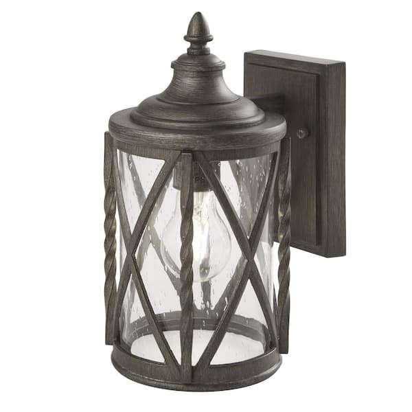 Walcott Manor 11.5 in. 1-Light Antique Bronze Hardwired Outdoor Wall Light Lantern Sconce with Clear Seeded Glass