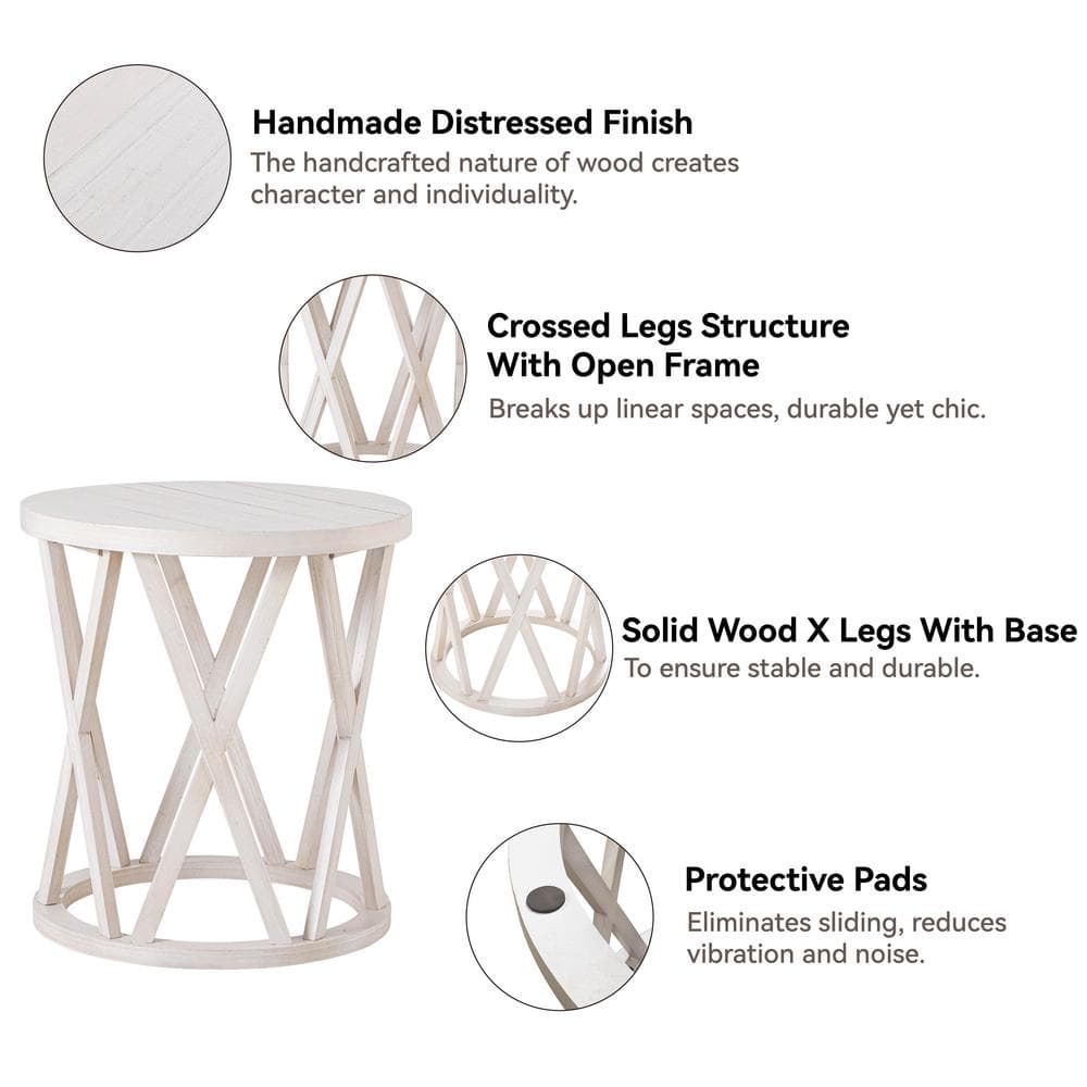 Antique White Round Wood Farmhouse End Table with X-Motifs