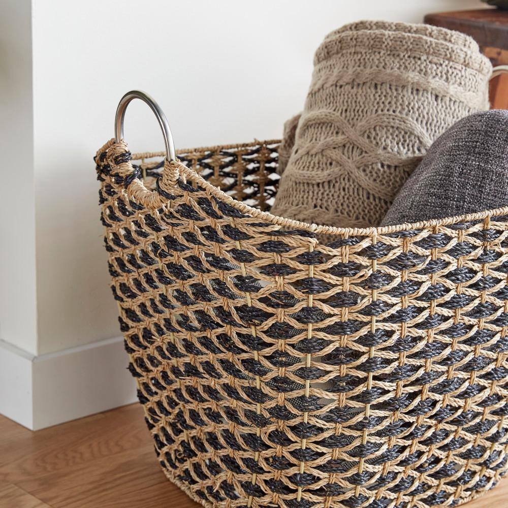 Round Seagrass 20.65" Storage Basket with Steel Handles