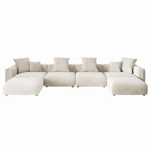 181 in. W Square Arm Corduroy Velvet U-Shaped Free Combination Sofa with Ottoman in Beige