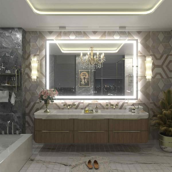 55 in. W x 36 in. H Rectangular Frameless Front & Back LED Lighted Anti-Fog Tempered Glass Wall Bathroom Vanity Mirror