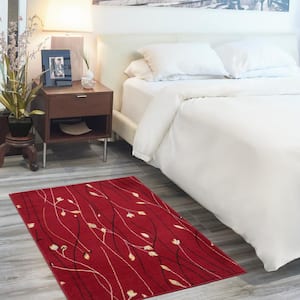 Grafix Red 3 ft. x 5 ft. Floral Contemporary Kitchen Area Rug