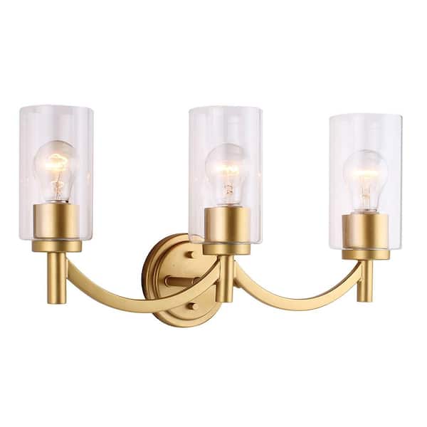Eglo Devora 22 in. W x 5 in. H 3-Light Antique Gold Bathroom Vanity Light with Clear Glass Cylinder Shades