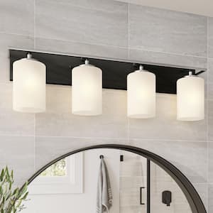 Prince St. 33 in. 4-Light Matte Black Modern Vanity with Etched Opal Glass Shades and Polished Nickel Accents