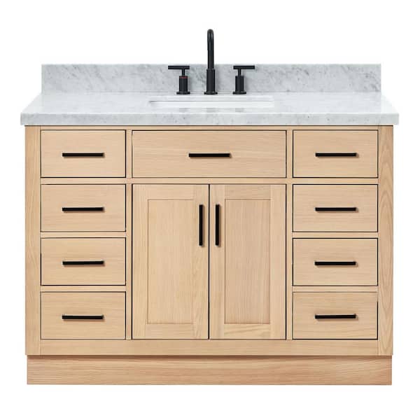 Hepburn 48 in. Single Sink Freestanding Bathroom Vanity in Oak with Carrara White Marble Top