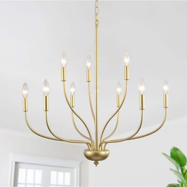 ZJVAIVE 9-Light Gold Classic 2-Tier Candlestick Linear Chandelier Lighting Fixture for Kitchen Island