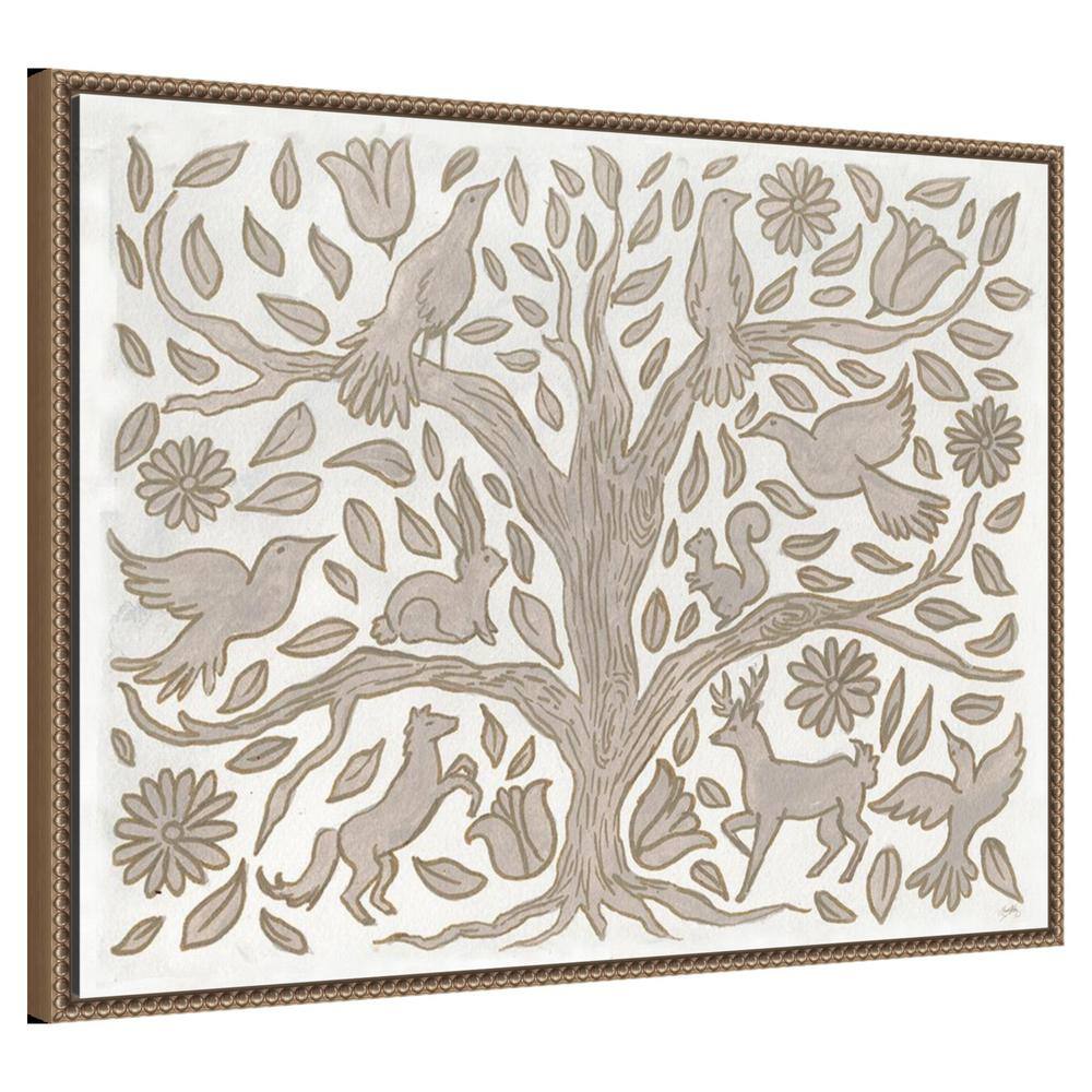 Neutral Grey Animal Tree Canvas Wall Art with Beaded Frame