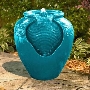 16.93 in. Teal Outdoor Glazed Urn Pot Floor Water Fountain with LED light