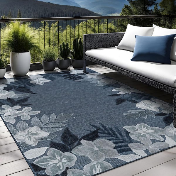 Eden 9 ft. x 12 ft. Navy  Washable Border Floral Indoor Outdoor Area Rug