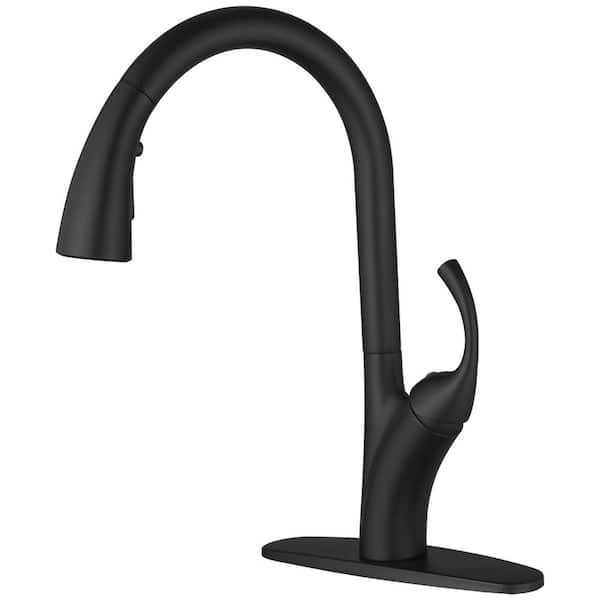 BWE Single Handle Deck Mount Pull Down Sprayer Kitchen Faucet in Matte Black