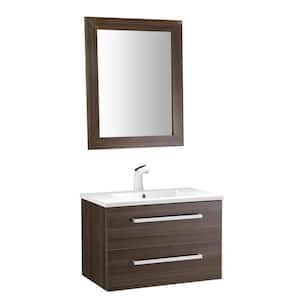 Conques 30 in. W x 20 in. H Bath Vanity in Rich Brown with Ceramic Vanity Top in White with White Basin and Mirror