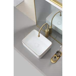 White Ceramic Rectangle Bathroom Vessel Sink with Basket Strainer and Gold Edge