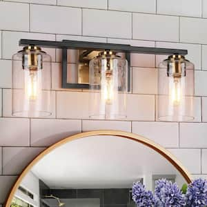 20 in. 3-Light Modern Vintage Brass Bathroom Vanity Light Seeded Glass Black Bath Lighting Classic Bath Bar Vanity Light