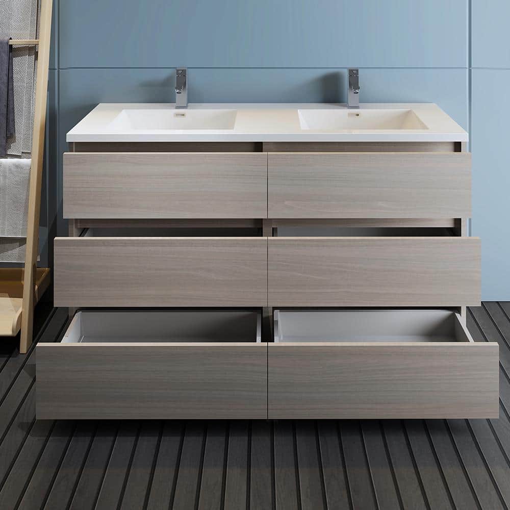 Gray Wood 60" Freestanding Double Sink Vanity with Acrylic Top