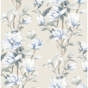 30.75 sq. ft. Linen and French Blue Magnolia Trail Vinyl Peel and Stick Wallpaper Roll