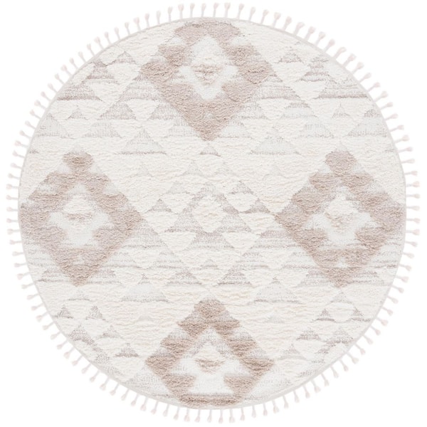 Moroccan Tassel Shag Ivory/Beige 7 ft. x 7 ft. High-Low Geometric Fringe Round Area Rug