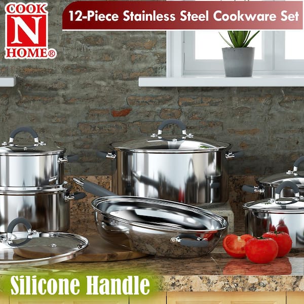 Cook N Home 12-Piece Stainless Steel Cookware Set in Gray and