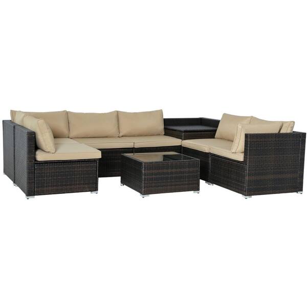 Sudzendf 8-Piece Brown Wicker Patio Conversation Set with Brown Cushions, Corner storage box and Coffee Table